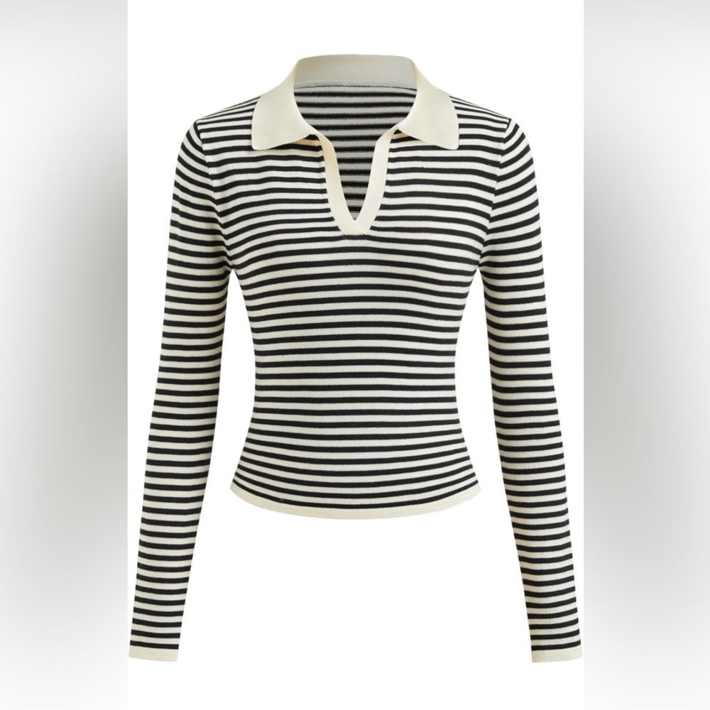 CIDER Striped Sweater V Neck Long Sleeve Slim Fitted Ribbed Knit Pullover Polo